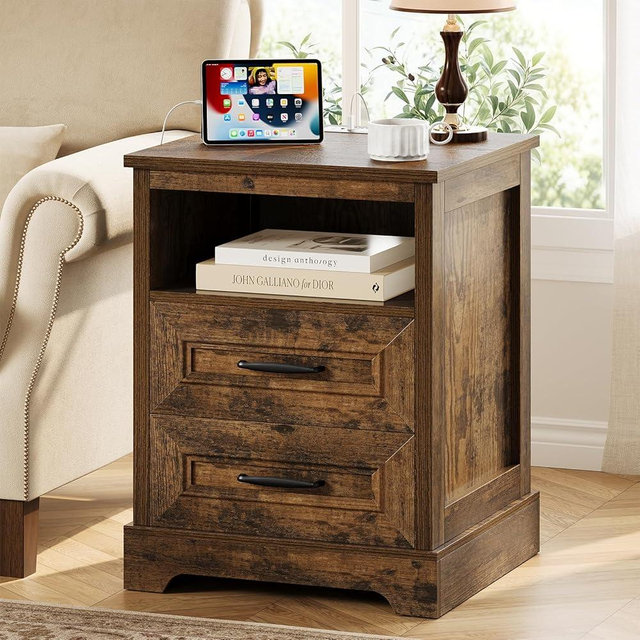 Curlaky Farmhouse Nightstand with Charging Station, Wood Night Stand with Drawers, Bedside Table, Nightstands with Open Storage Shelf, Rustic Night Stands for Bedroom, Closet, 18" Wide, 24" Tall