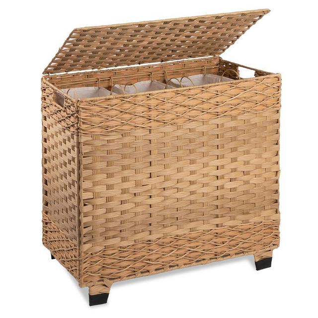OIAHOMY Laundry Hamper with Lid, 135L Synthetic Rattan Clothes Hamper with Handles, Handwoven Large Laundry Basket with 3 Removable Liner Bags, Foldable, Laundry Room, Bedroom, 27*13*26 Inches, Yellow