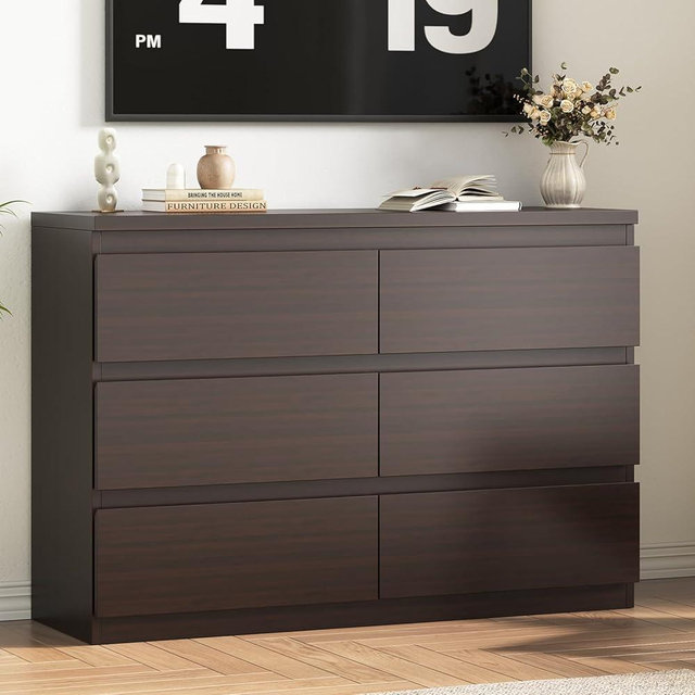 Jocoevol Modern 6 Drawer Dresser - Simply Chest of Drawers for Bedroom, Closet, Living Room, Hallway, Entryway, Wood Storage Double Dresser with Smooth Metal Rails - Retro Brown