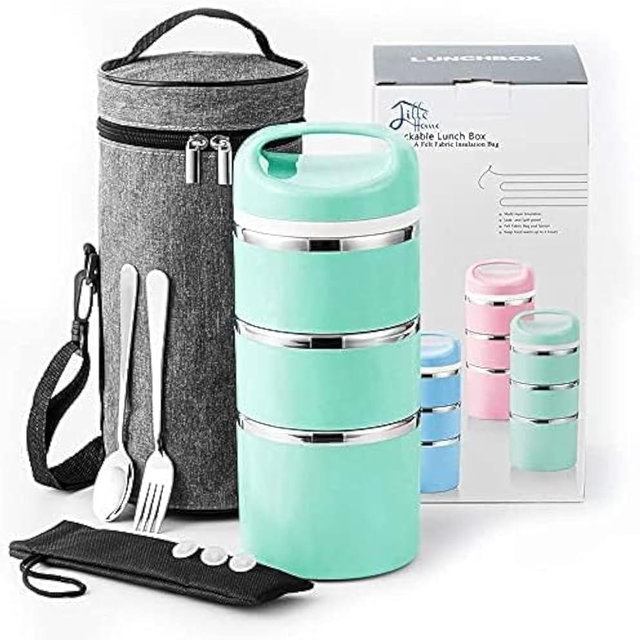 Lille Home Stackable Stainless Steel Thermal Compartment Lunch/Snack Box, 3-Tier Insulated Bento/Food Container with Lunch Bag, Cutlery Set and Three Extra Seals, 43OZ