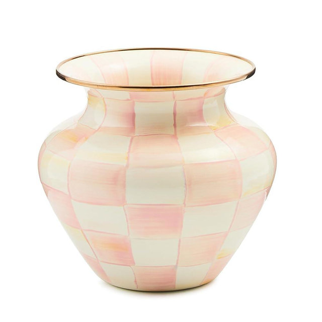 MACKENZIE-CHILDS Enamel Large Vase, Unique Flower-Vase Decor, Pink-and-White Rosy Check