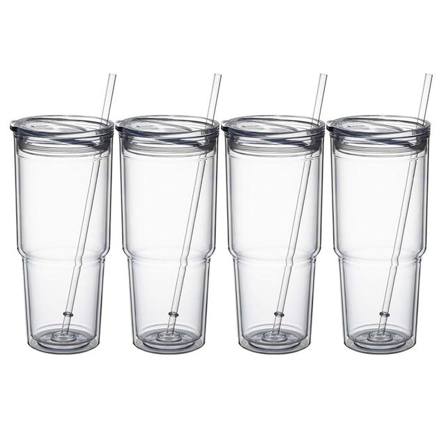 MEWAY 30oz/4 pcs Classic Insulated Tumblers,Double Wall Acrylic Tumbler with Lid，Reusable Plastic Insulated Tumblers with Straw，for cold drinks, sand ice, whatever you like(transparent,4 pack)
