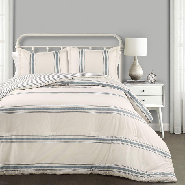 Lush Decor Farmhouse King Size Comforter Set, Reversible Cotton, 3 Piece Set, California King, Blue - Cozy Bedding - Rustic Decor - Modern Farmhouse Bedroom Decor