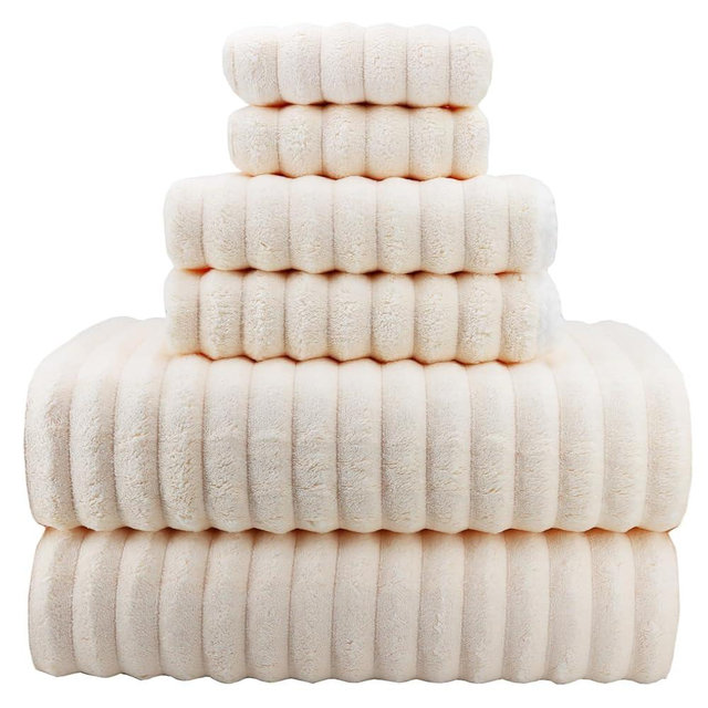 YTYC Towels, 29x59 Inches Extra Large Bath Towels Set of 6, Luxury Microfiber Shower Towels for Bathroom Super Soft Absorbent Striped Hanging Loop (Cream, 6 Pieces)