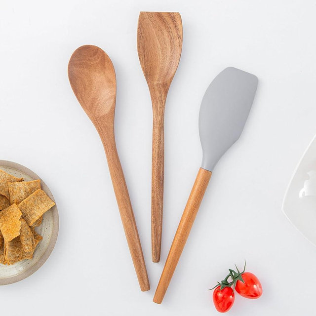 Decent Vrvege Wooden Spoons For Cooking, Acacia Wooden Utensils Set, Non-Stick Wood Utensil Silicone Scraper Spatula, Kitchen Utensils Cooking Spoons Shovel for Serving Mixing,3 Piece Set, Easy to use