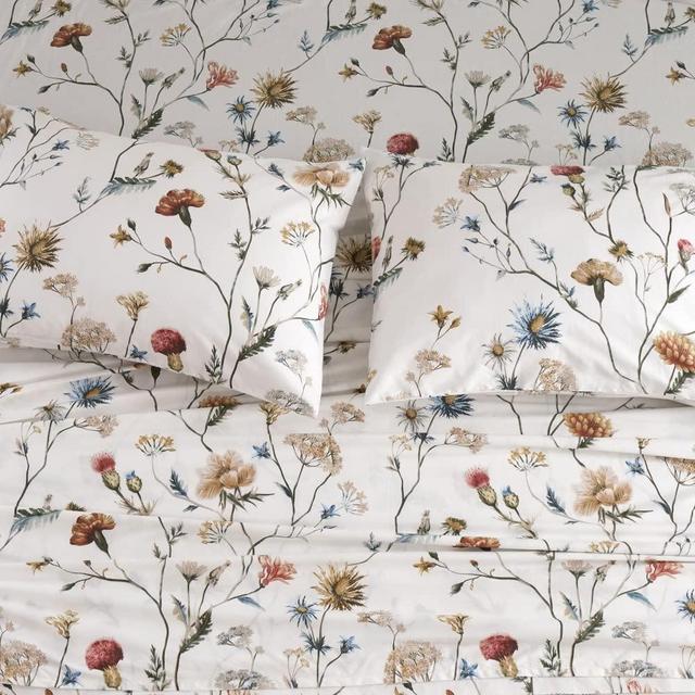 DAUAOTO 100% Cotton Bedding Printed Sheets Set for King Size Bed Up to 14" Deep Mattress, Floral Botanical Pattern Bedlinen Sets