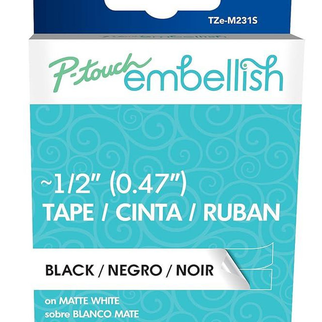 Brother P-touch Embellish Black Print on Matte White Tape TZEM231S – ~½” Wide x 13.1’ Long for use with P-touch Embellish Ribbon & Tape Printer, TZE-M231S