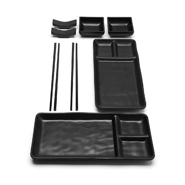 Goliber 8 Piece Japanese Style Sushi Plate Dinnerware Set - Includes 2 Sushi Plates, 2 Sauce Dishes, 2 Pairs of Chopsticks, 2 Chopsticks Holders (Black)