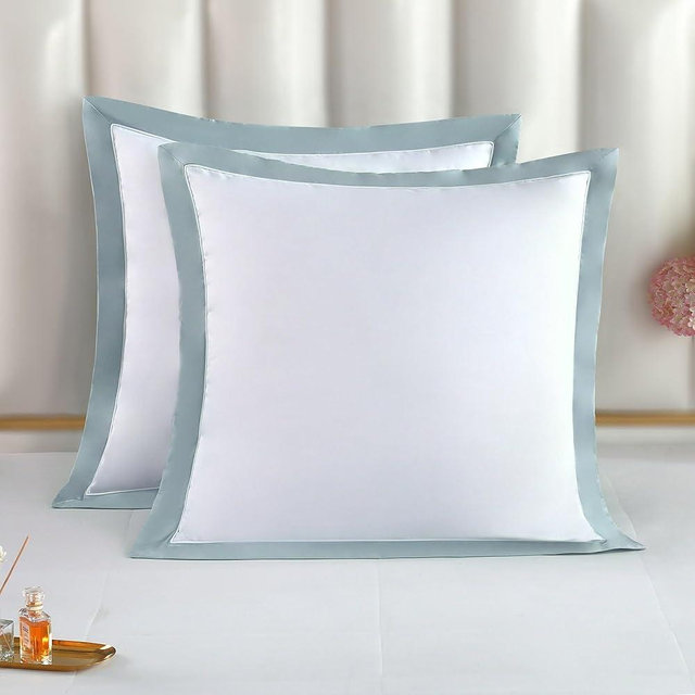 THE COTTON & SILK®️ 100% Luxury Long-Staple Cotton Euro Sham (26"x26"), Set of 2, with Envelope Closure on The Back, White + Misty Blue