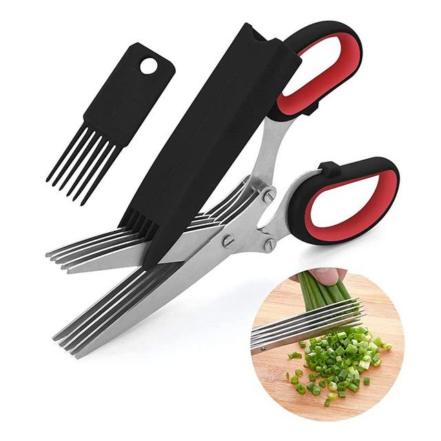 Herb Scissors Set, Multipurpose Herb Scissors with 5 blades and Cover, Stainless Steel Herb Cutter/Mincer for Salad, Basil, Parsley, Cilantro - Kitchen Gadget (Black)