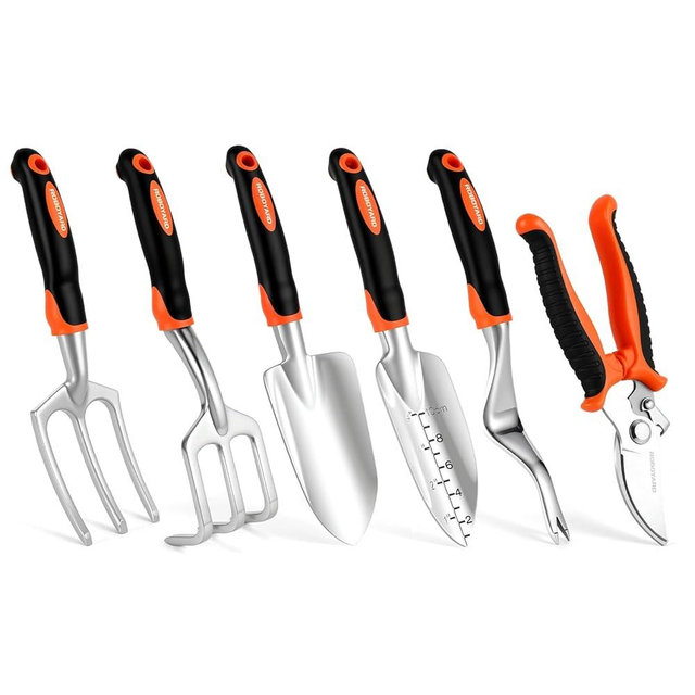 ROBOYARD 6-Piece Gardening Tools Set, Includes Trowel, Pruning Shear, Cultivator & More for Indoor Outdoor Plant Care, Aluminum Alloy Garden Kit with Ergonomic Non-Slip Handles