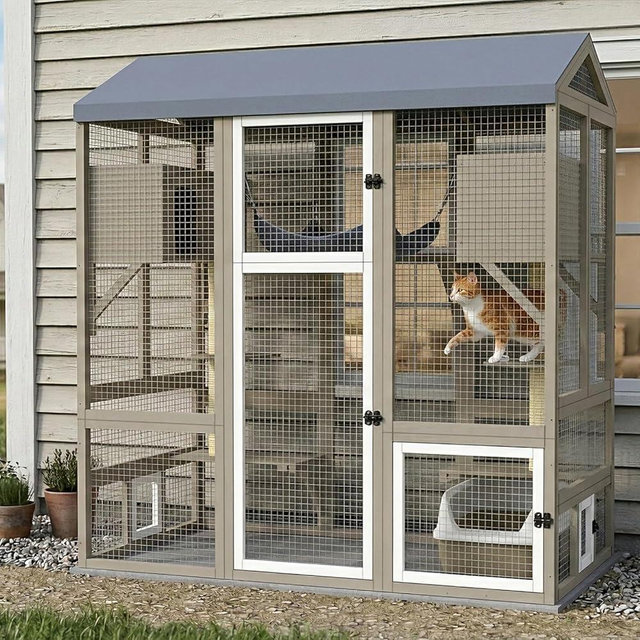 Ketive Catio Outdoor Cat Enclosure Large Walk-in Cat House with Gable Roof, Multi-Level Platforms, Cat Hammock & Litter Box Shelf, Elevated Wooden Cat Shelter for Multiple Cats