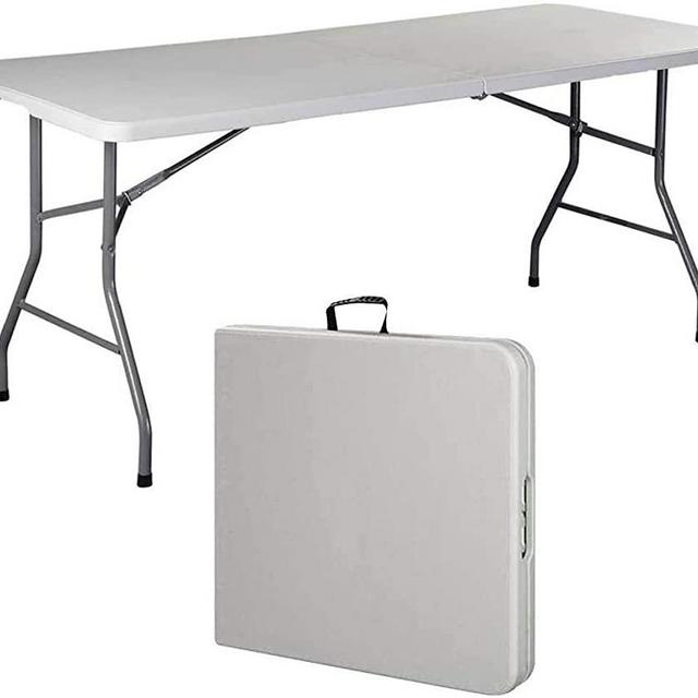 Ezone Indoor Outdoor Heavy Duty Portable Folding Plastic Dining Table w/Handle, Lock for Picnic, Party, Camping - White (8 Ft)