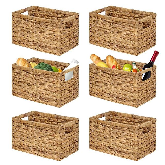 BARIEN Set of 6 Natural Water Hyacinth Storage Baskets 12.6” x 8” x 7”, Rectangular Wicker Basket with Built-in Handles, Medium (Natural - Set of 6)