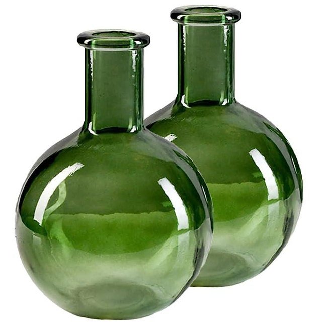 Serene Spaces Living Set of 2 Green Bottleneck Bulb Glass Vase, Vintage Round Flower Vase for Console Table, Shelf, Living Room, Bathroom, Office, Wedding, Measures 5.3" Diameter & 7.48" Tall