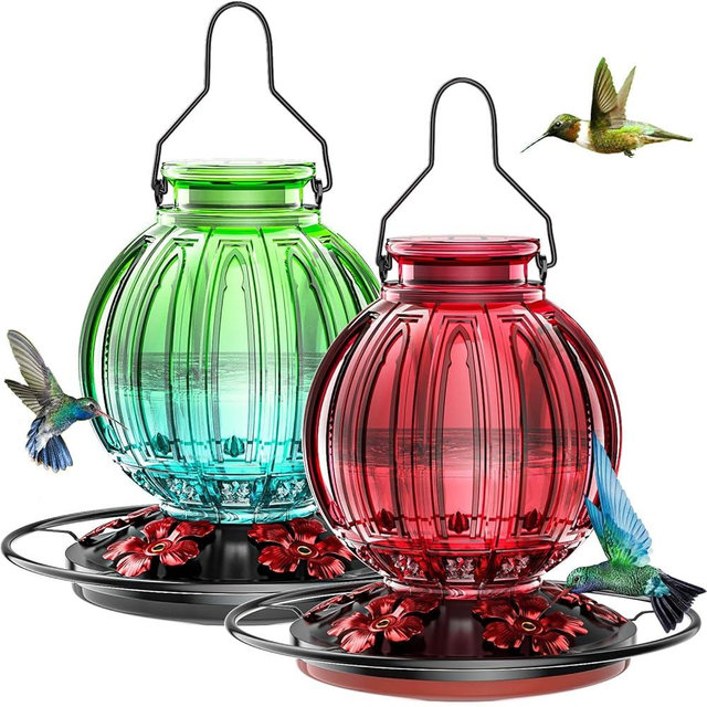 2 Pack Glass Hummingbird Feeder for Outdoors Hanging, Bird Nectar Feeder with Perch & 5 Flower Feeding Ports, 26 Oz Leak Proof for Outside Garden Decor Backyard, Gifts for Women Mom, Red & Green Blue
