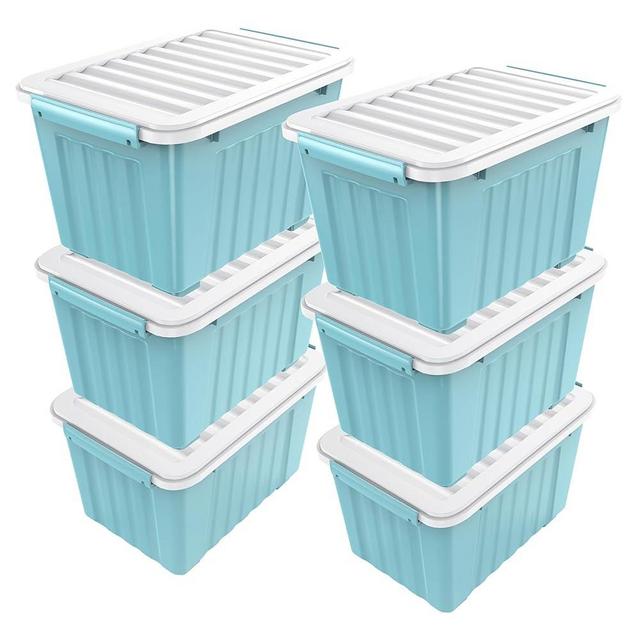 Nazhura 72 Quart Plastic Storage Bin, Stackable and Nestable Storage Boxes with Lids and Secure Latching Buckles, Large Storage Container (Blue, 72Quart-6Pack)