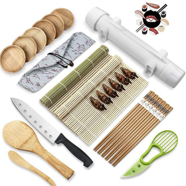26 PCS Sushi Making Kit,AILUKI DIY All In One Sushi Bazooka Maker with Bamboo Sushi Mat,Bamboo Chopsticks,Spreader, Sushi Knife,Cotton Bag, DIY Sushi Roller Machine,Sauce Dish