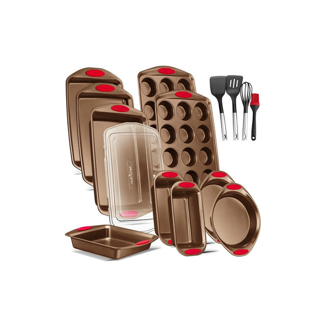 NutriChef 15-Piece Baking Pan Set - PFOA, PFOS, PTFE Free Flexible Nonstick Golden Coating Carbon Steel Bakeware