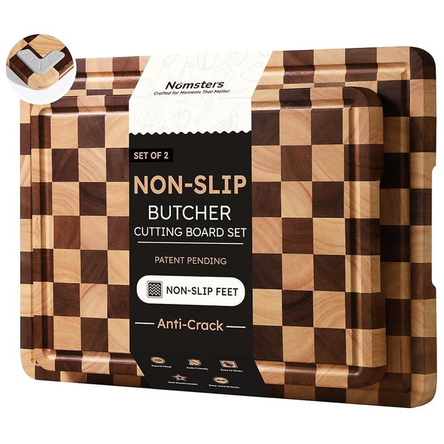 Nomsters 2 Packs Cutting Boards for Kitchen Checkered Cutting Board Acacia Wood Charcuterie Board Serving Heavy Duty Non Toxic Slip Over Sink Butcher Block Meat Best Kitchen Essential Gift