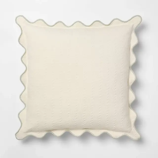 Square Herringbone w/ Scalloped Edge Cream and Army Green - Threshold™ Designed with Studio McGee