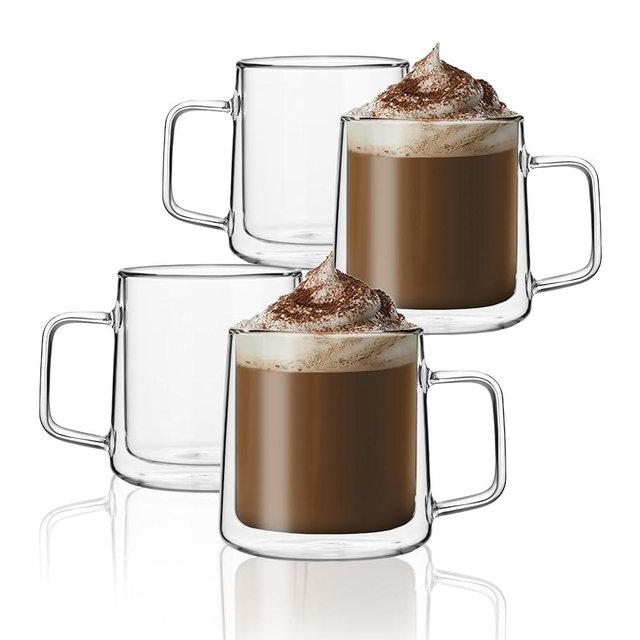 CNGLASS 15.2oz Glass Coffee Mugs,Double Wall Insulated Glass Mugs with Handle,Clear Espresso Mugs for Latte,Cappuccino,Tea Bag,Set of 4