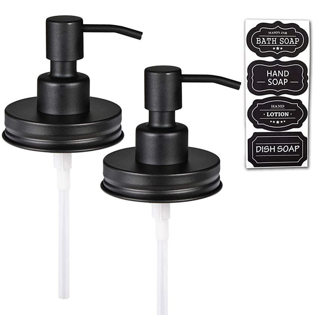 Mason Jar Liquid Soap Dispenser Lids(2) –Premium Rust Proof Stainless Steel Replacement- Farmhouse Decor for Kitchen & Bathroom, Liquid Soap Pumps for Hand Soap,Dish Soap, Lotions / Black-2 Pack
