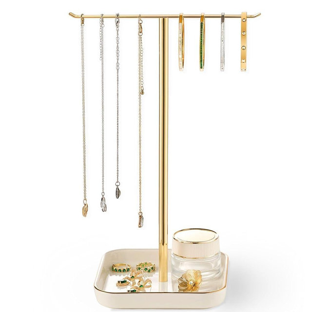 Jewelry Holder Stand with Ceramic Base: 12" Tall Necklace Organizer Rack, Tree Design Display Storage for Necklaces, Bracelets, Rings, Earrings, Aesthetic Room Décor for Girls and Women, Gold