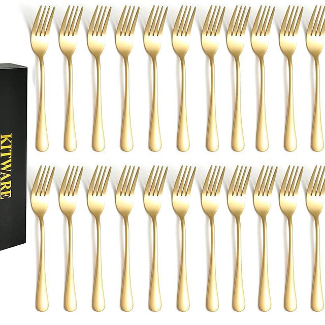 24 Pieces Gold Salad Forks Set, KITWARE Flatware Stainless Steel Utensils, Home & Kitchen Metal Cutlery Set, Heavy Duty Silverware Small Forks 6.8 Inch