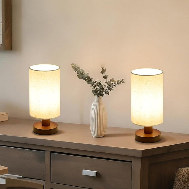Booniture Set of 2 Small Bedside Table Lamp,Minimalist Bamboo Base and Round Fabric Shade,Cute Cozy Warm Nightstand Lamp for Bedroom,Study Desk Night Stand Light,Living Room,Walnut