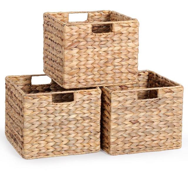 12x12x10 Water Hyacinth Folding Cube Wicker Storage Basket for Shelves, Pantry, Kitchen Organization and Storage