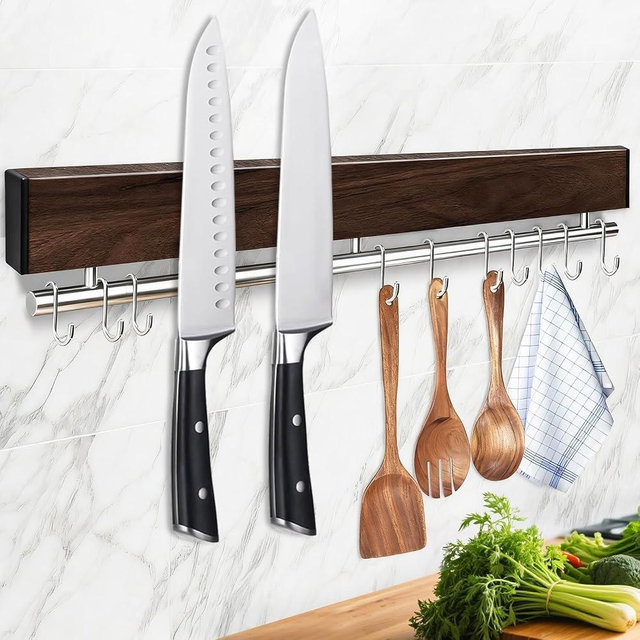 17 Inch Magnetic Knife Holder for Wall - Stainless Steel Magnet Knife Strip No Drill with 5 Hooks/Adhesive Tape/Screws, Wall Mounted Kitchen Utensil Holder, Walnut-Finish Magnetic Knife Organizer