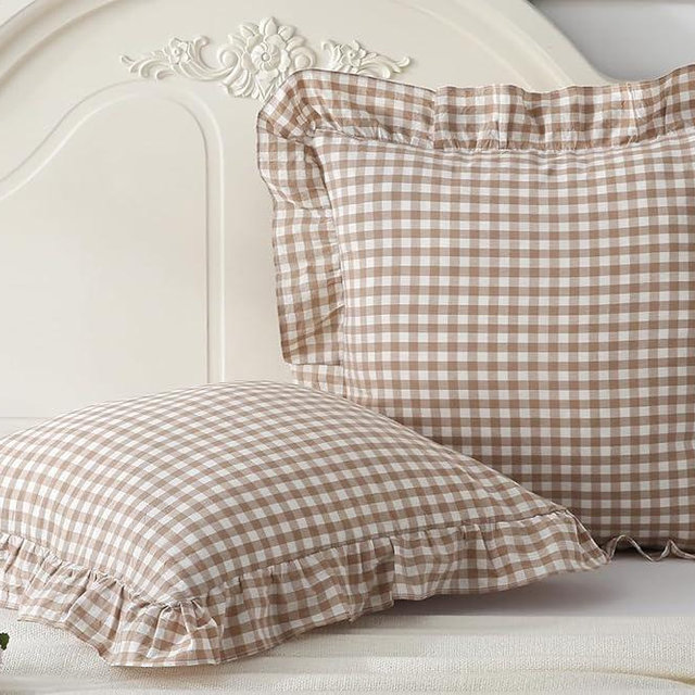 2 Pack Taupe Plaid Ruffle Throw Pillow Covers 18x18 inches, 100% Washed Cotton Gingham Checkered Farmhouse Pillow Shams for Bed/Sofa (18x18 inches, Taupe Gingham)