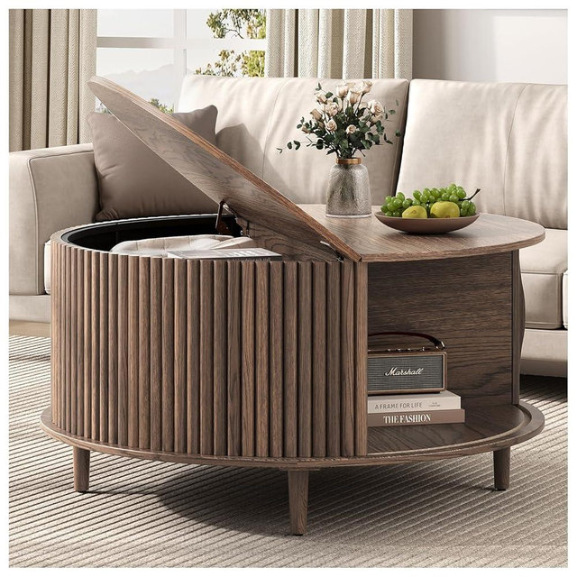 SULIVES Round Coffee Table with Storage,Mid Century Modern Coffee Table with Sliding Door,Fluted Center Table with Solid Wood Legs,Small Coffee Table for Living Room,Walnut