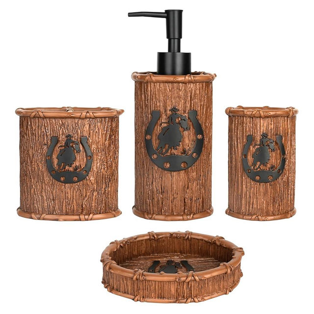 Bathroom Accessory Sets 4PCS Bathroom Accessories Set Complete Western Rustic Horseshoes Decoration Includes Lotion Dispenser Toothbrush Holder Tumbler Cup & Soal Dish