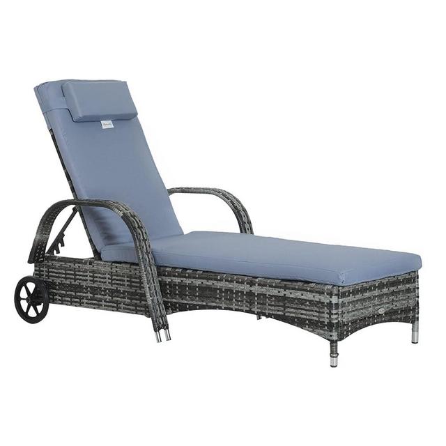 Outsunny Reclining Chaise Lounge Chair, Thickly Cushioned, Headrest, Armrests, Rolling Outdoor PE Rattan Sun Bathing Chair with Wheels for Poolside, Pool, Patio, Gray