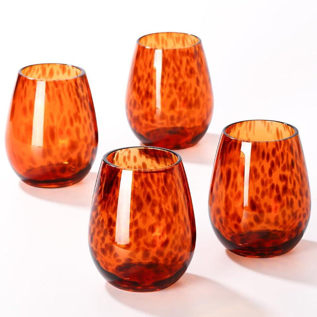 SIPBYSOP Stemless Wine Glasses Set of 4 – Tortoiseshell Colored Stemless Wine Glasses, Brown Colored Glassware, Armber Vintage Retro Tumblers for Tortoise Shell Decoration,15OZ