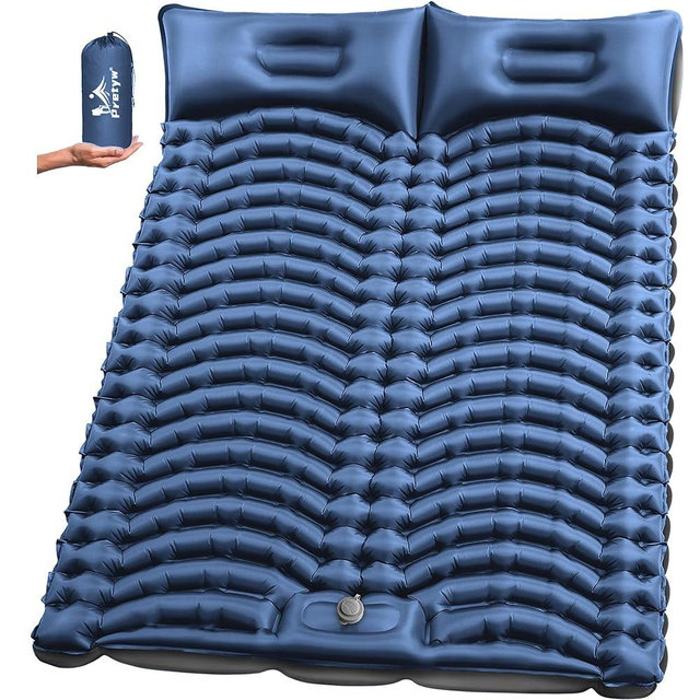 Pretyw Double Sleeping Pad for Camping - Ultralight Air Mattress with Pillows, Built-in Foot Pump, Compact Inflatable 2-Person Portable Mat for Backpacking, Hiking, Tent, Car Travel, Beach，Road Trip