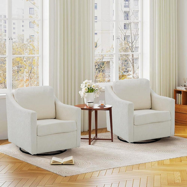 COLAMY 360° Swivel Accent Chair Set of 2, Chenille Fabric Upholstered Leisure Armchair with Lumbar Pillow for Living Room Bedroom Home and Office, Beige