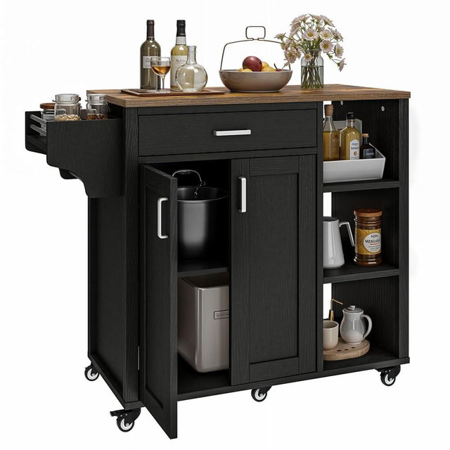 YITAHOME 37" Rolling Kitchen Island Cart with Storage, Butcher Block Island on Wheels, Mobile Kitchen Storage Carts with Shelves & Spice, Black