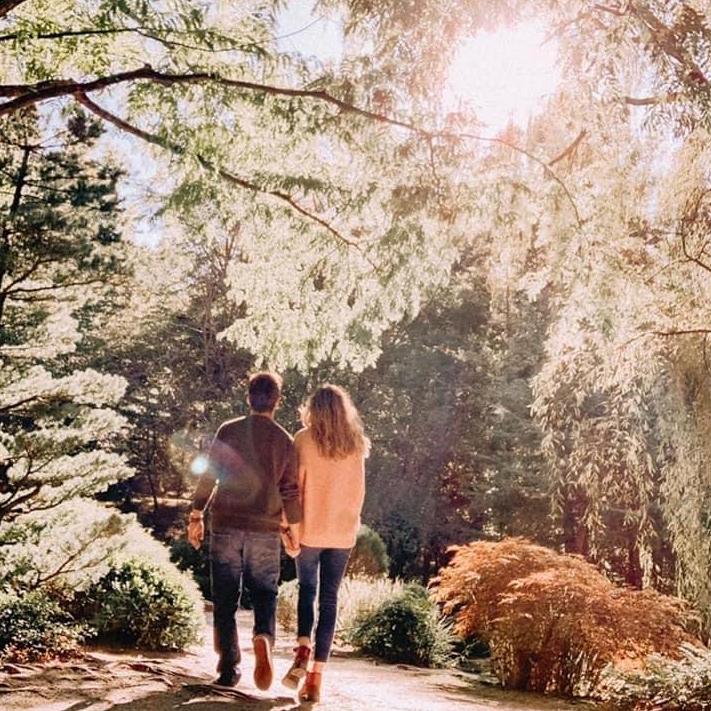 Walking together in our favorite botanical garden where we eventually got engaged!