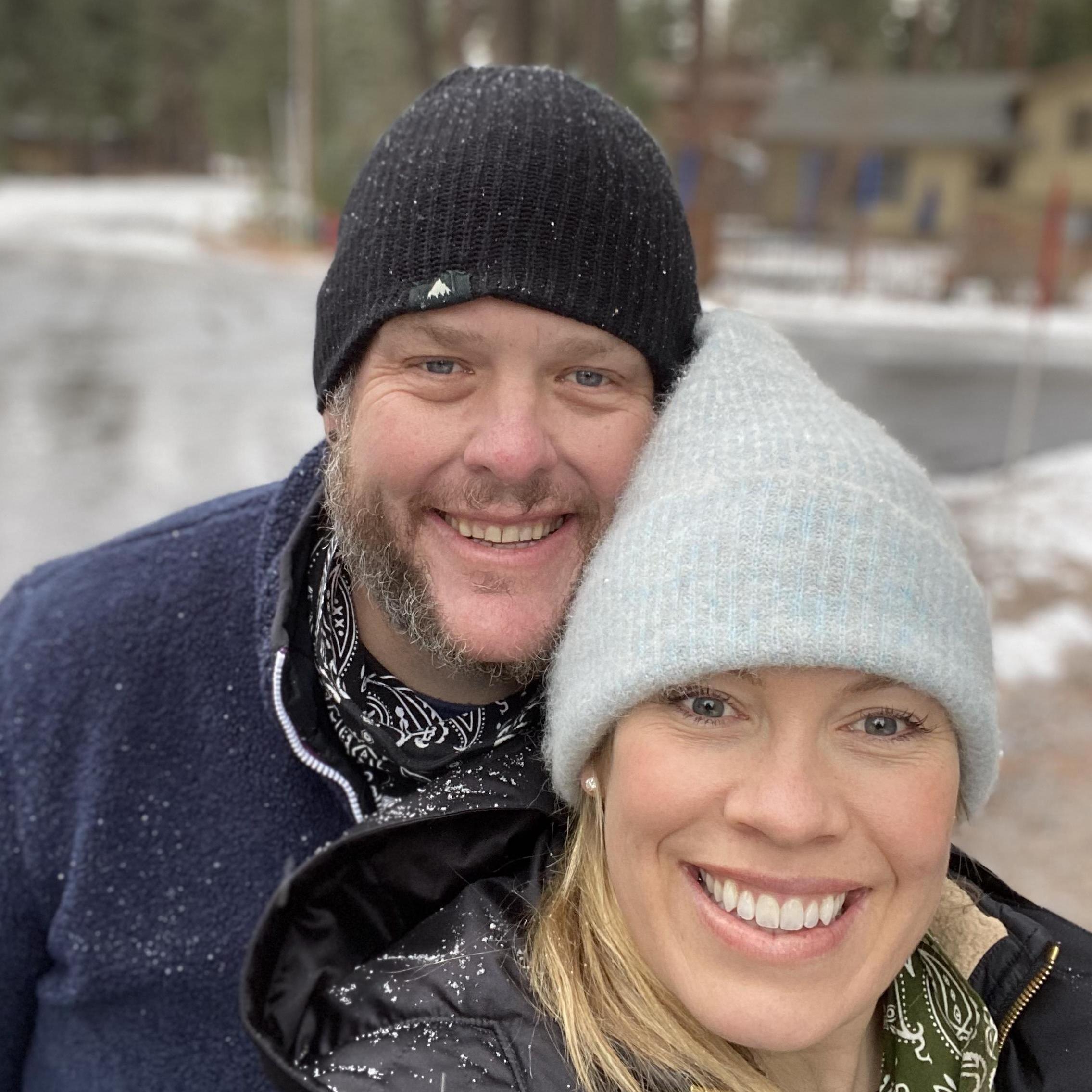 In front of the Tahoe House, our first blizzard! January 2021
