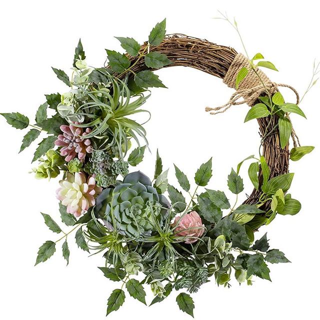 WANNA-CUL 16 inch Spring Succulent Wreath Arrangement for Front Door,Artificial Multicolor Succulent Summer Door Wreath with Air Pineapple for Wall and Home Decoration
