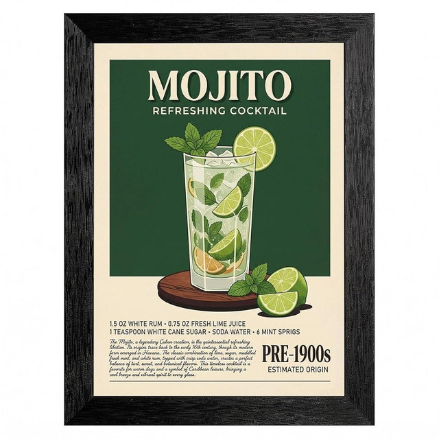 Framed Mojito Cocktail Wall Art - Vintage Mid-Century Modern Bar Decor with Premium Black Frame - Classic Drink Poster for Home Kitchen or Lounge - 12x16 Inch