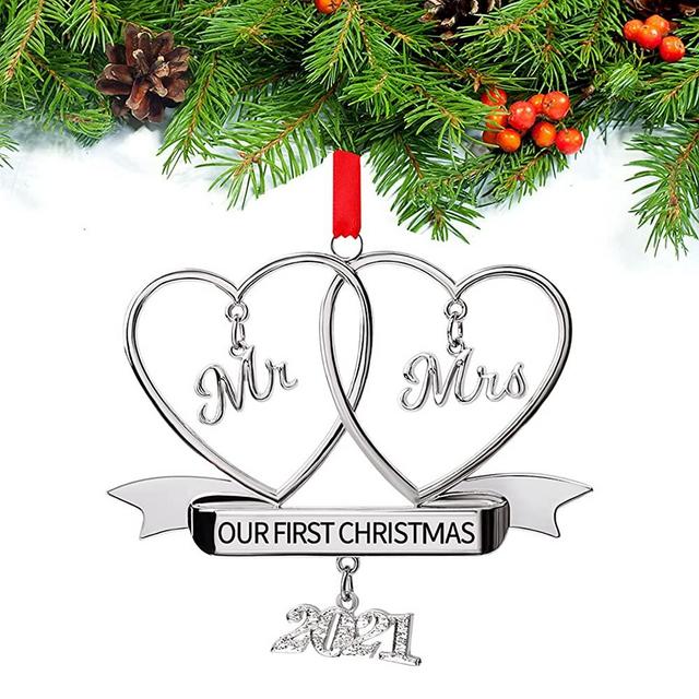 FKOG 2021 Metal Our First Christmas As A Mr and Mrs Ornaments Mr & Mrs Newlywed Married Xmas Tree Decoration Romantic for Couples (Silver Mr & Mrs)