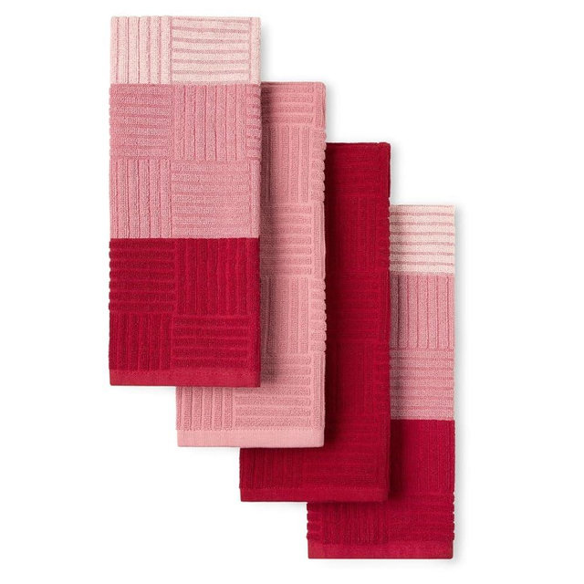 TOWN & COUNTRY BASICS Basketweave Terrycloth Kitchen Towel 4-Pack Set, Absorbent 100% Cotton, Machine Washable, Red, 16"x28"