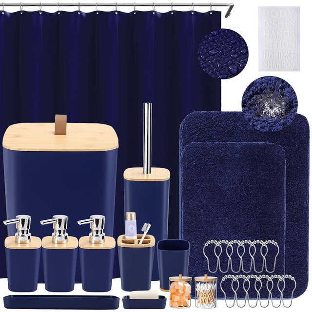 XLHOMO Bathroom Accessories Set, Blue Bathroom Sets with Shower Curtain and Rugs, 3PCS Soap Dispensers, Toothbrush Holder and Cup, Soap Dish, Toilet Brush, Trash Can, Tray and Qtip Holders for Home