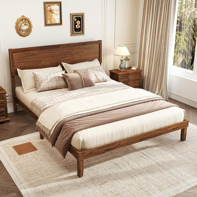 Giantex Wood Queen Bed Frame with Headboard, Mid Century Modern Platform Bed Queen Size with Solid Wood Legs & Wooden Slat Support, Easy Assembly, No Box Spring Needed, Walnut