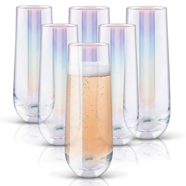 Gutsdoor Radiance White Pearl Luster Stemless Champagne Flutes Glasses Set of 6 (10 Ounce) Elegant All-Purpose Wine Drinking Glassware Beverage Cups for Water, Juice, Beer, Liquor, Whiskey & Bar Decor
