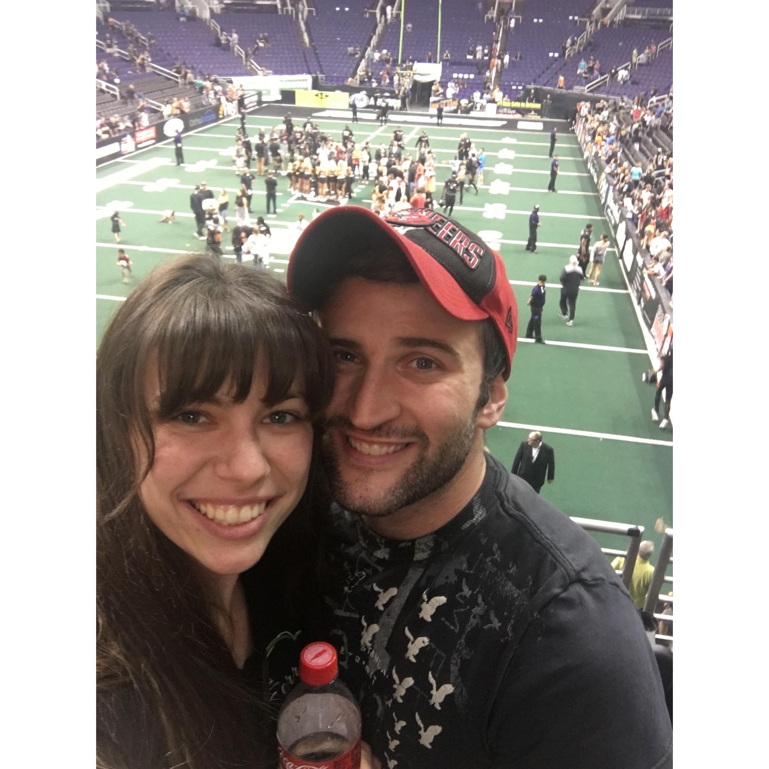 Jeriann and Griffin discovered early on that they share a love for live sports. Here they are at a Rattlers arena football game where Jeriann discovered that the touchdown cannons are terrifying!